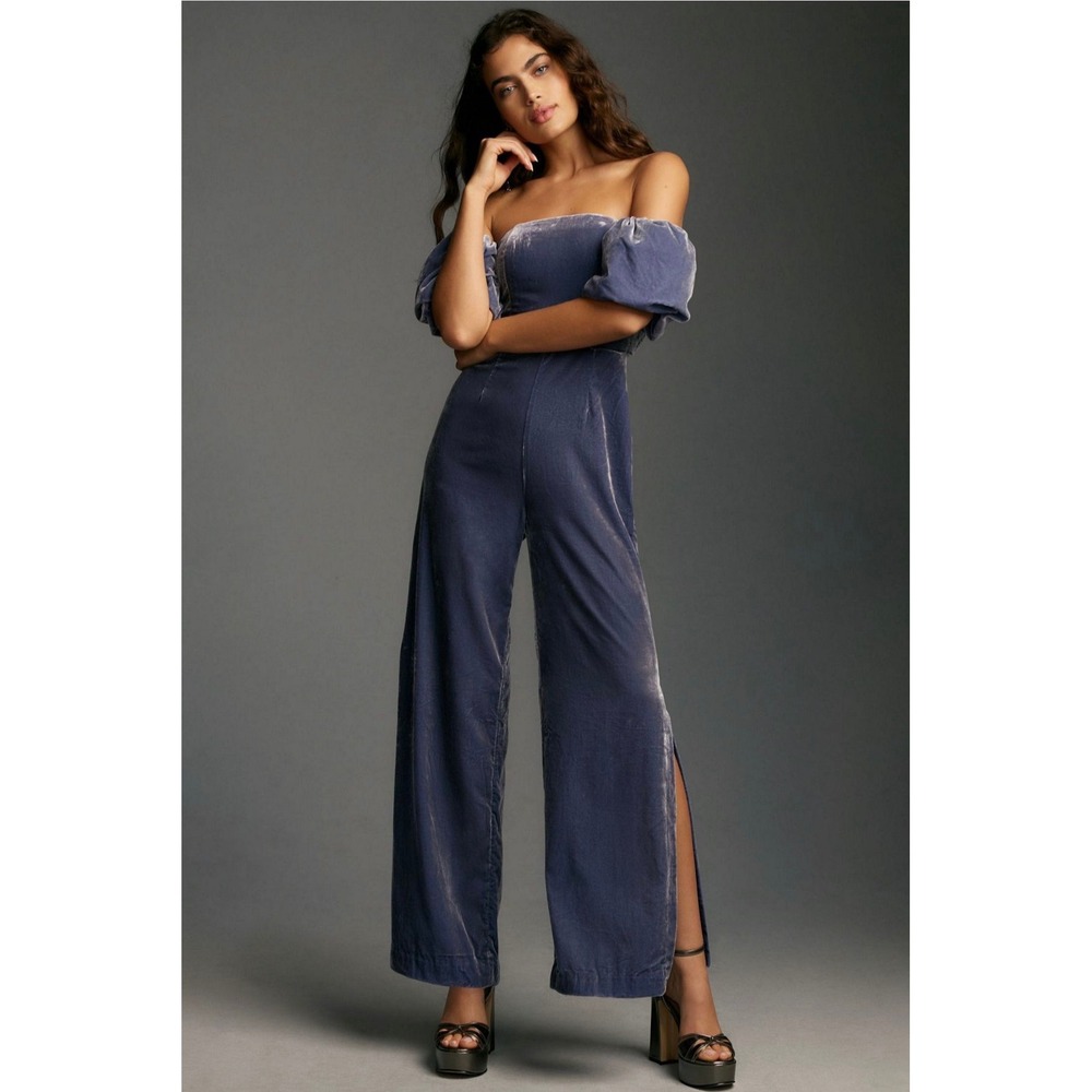 Anthropologie Jumpsuit The Femme Velvet Puff Sleeve Wide Leg NWT Blue 4